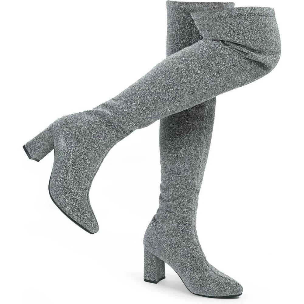 🆕Women's Silver Synthetic Thigh High Pointy-toe Shiny Dressy Over The Knee Boot